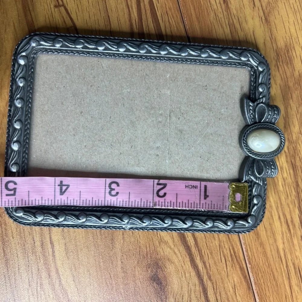 Vintage Photo Frame Small Rectangle Hollywood Regency Silver Bow Faux Pearl